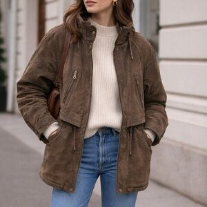 Vintage 80s Brown Suede Utility Coat Womens S Leather Longline Safari Distressed